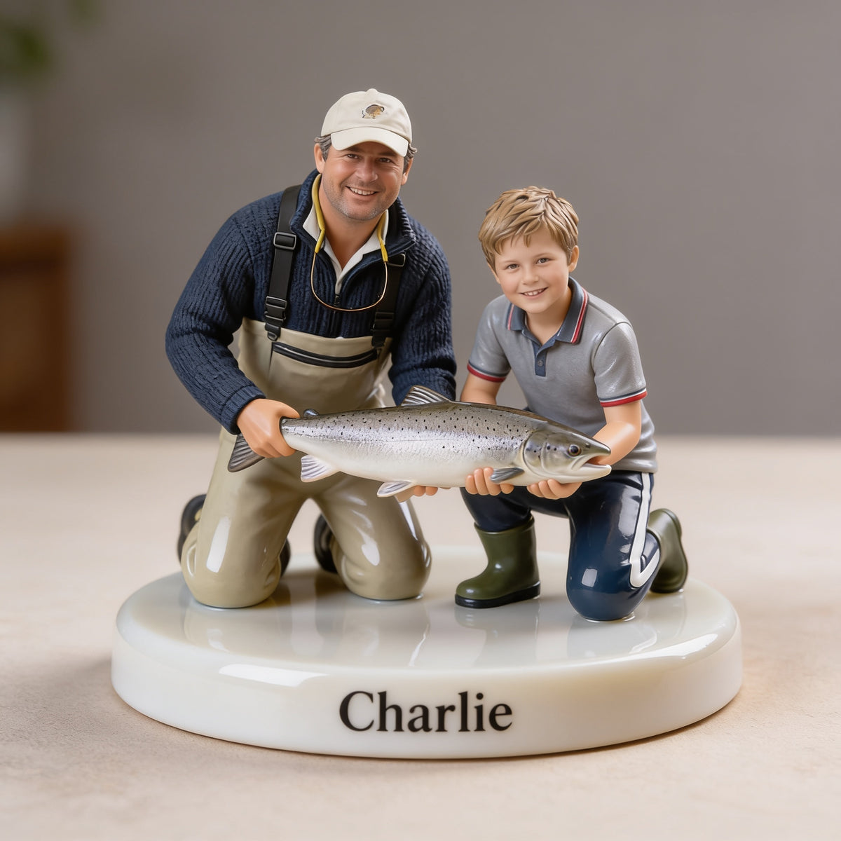 Personalized Father and Child with Fish Custom 3D Figurine Fishing Keepsake Gift
