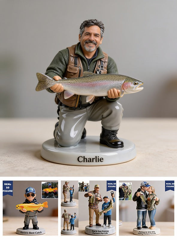Personalized Middle-Aged Latino Fisherman 3D Figurine Fishing Keepsake Gift