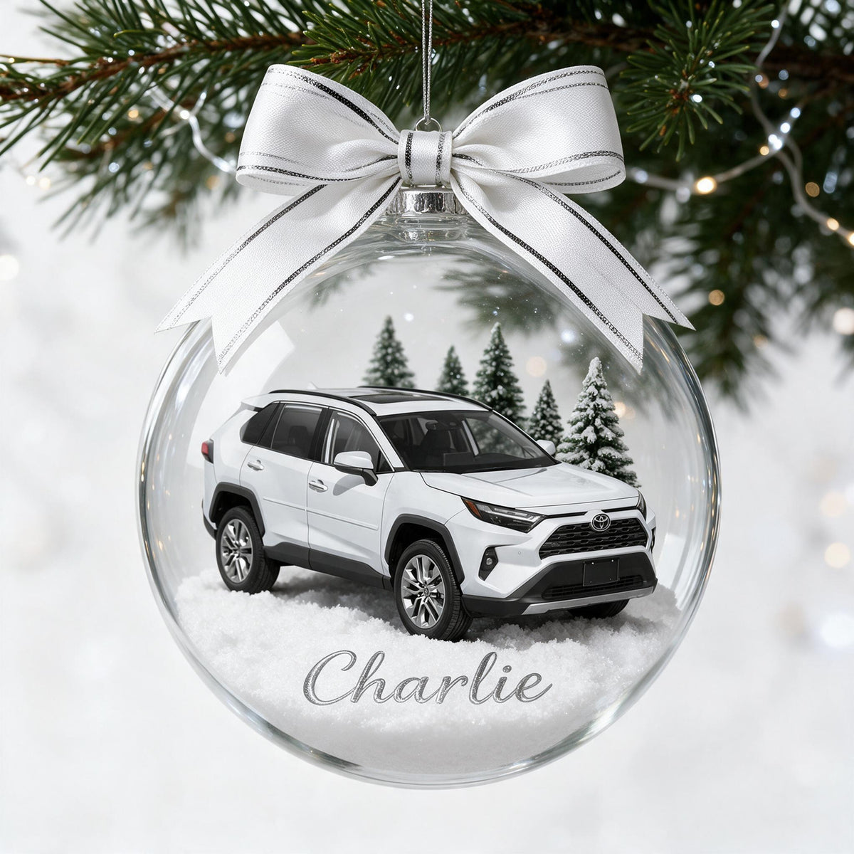 Ornement de Globe de Neige Toyota RAV4 Blanc Personnalisé pour Noël