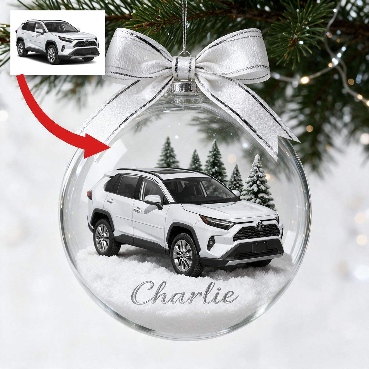 Ornement de Globe de Neige Toyota RAV4 Blanc Personnalisé pour Noël