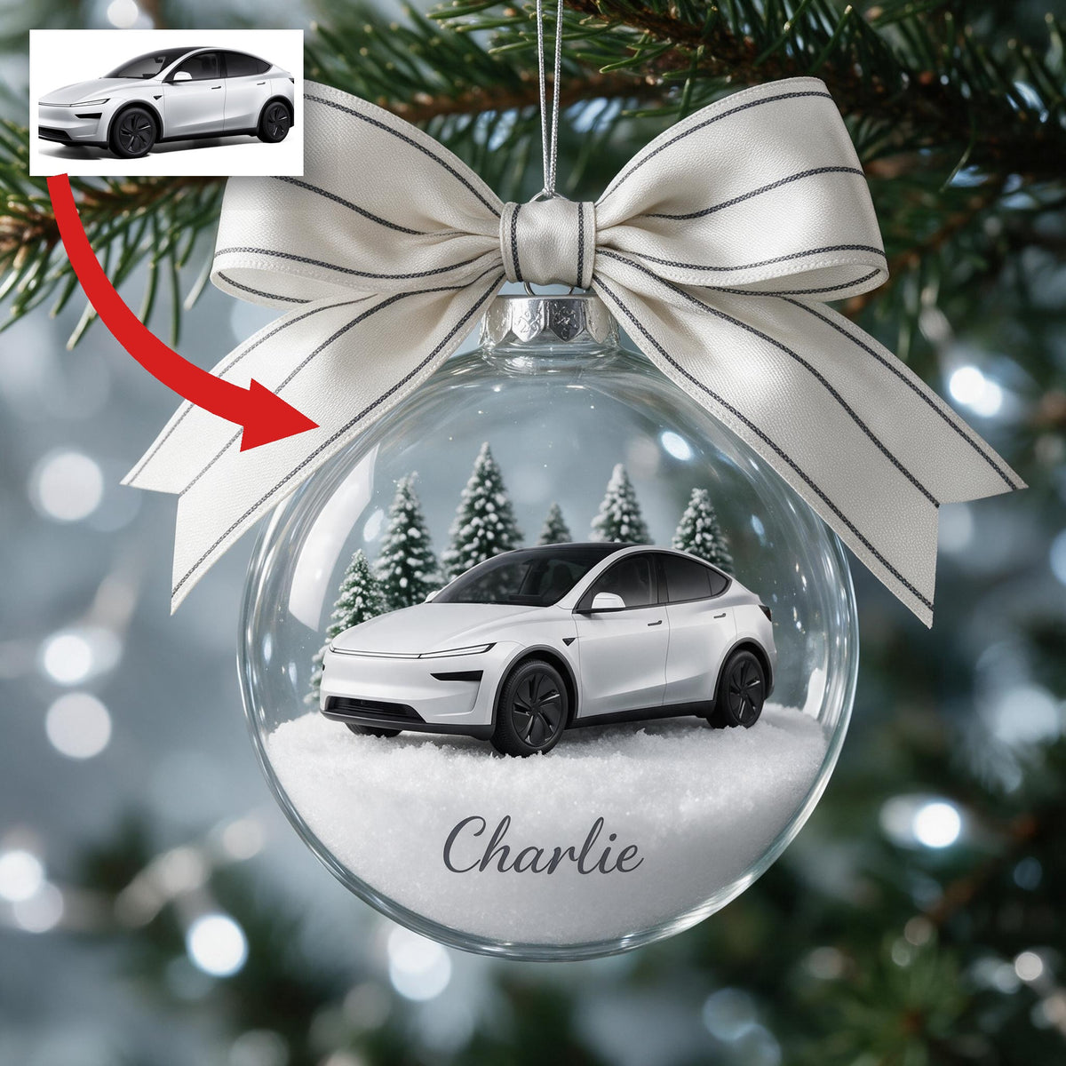 Personalized Christmas White Electric Car Snow Globe Ornament Car Lover Gift