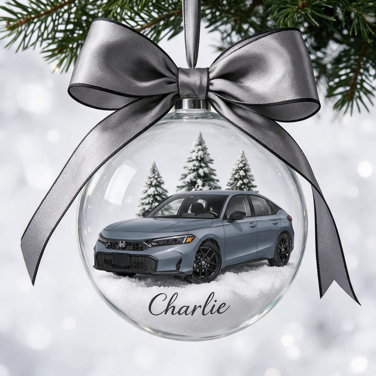 Personalisierte Weihnachts-Grey Honda Civic Schneekugel Ornament Geschenk für Autofans