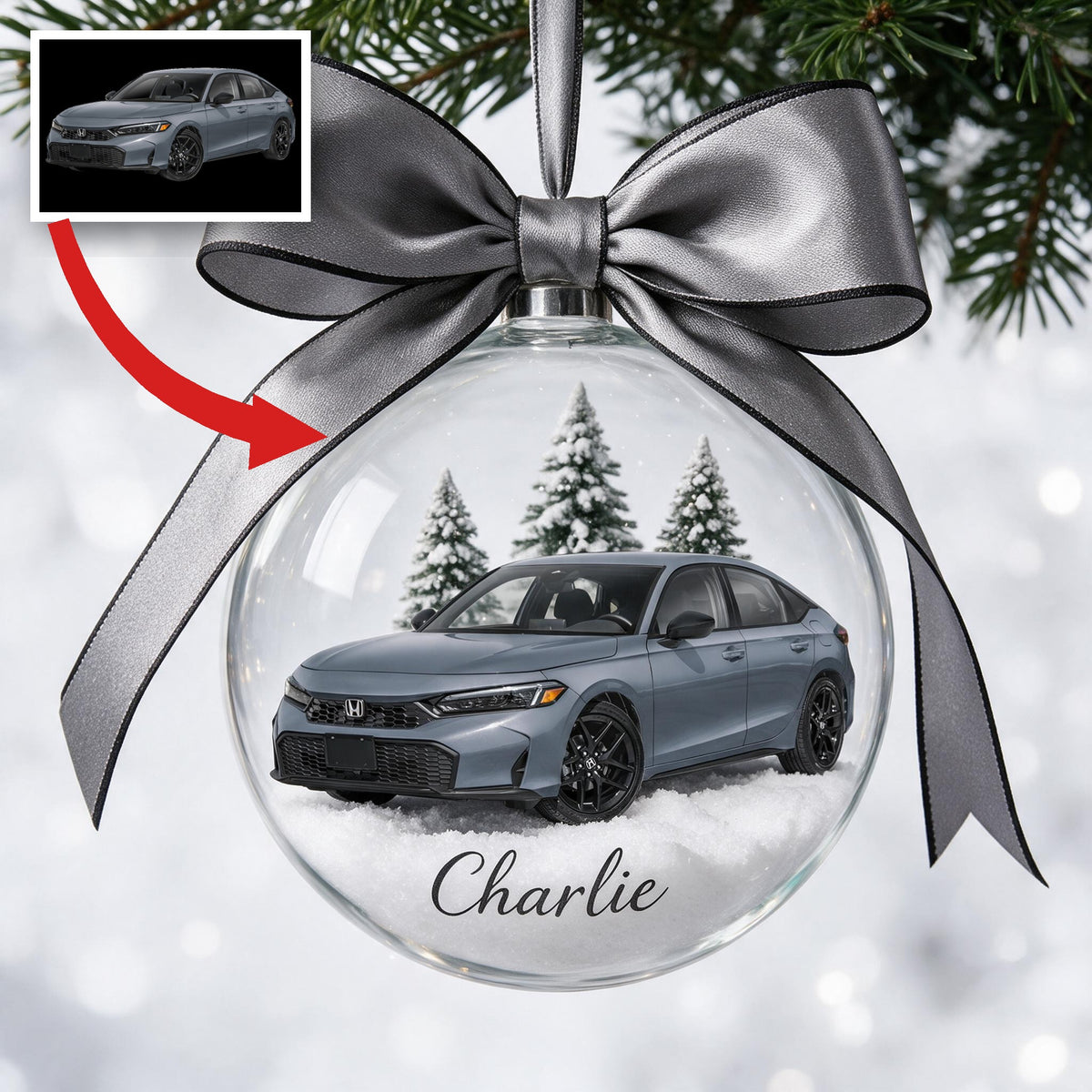 Personalisierte Weihnachts-Grey Honda Civic Schneekugel Ornament Geschenk für Autofans