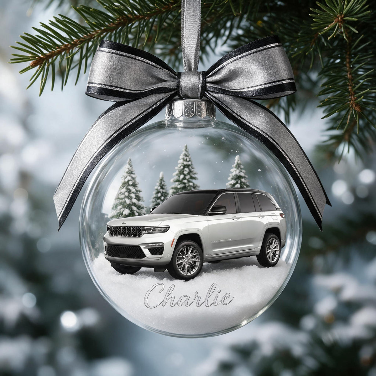 Personalized Christmas Silver Jeep Grand Cherokee Snow Globe Ornament Car Lover Gift