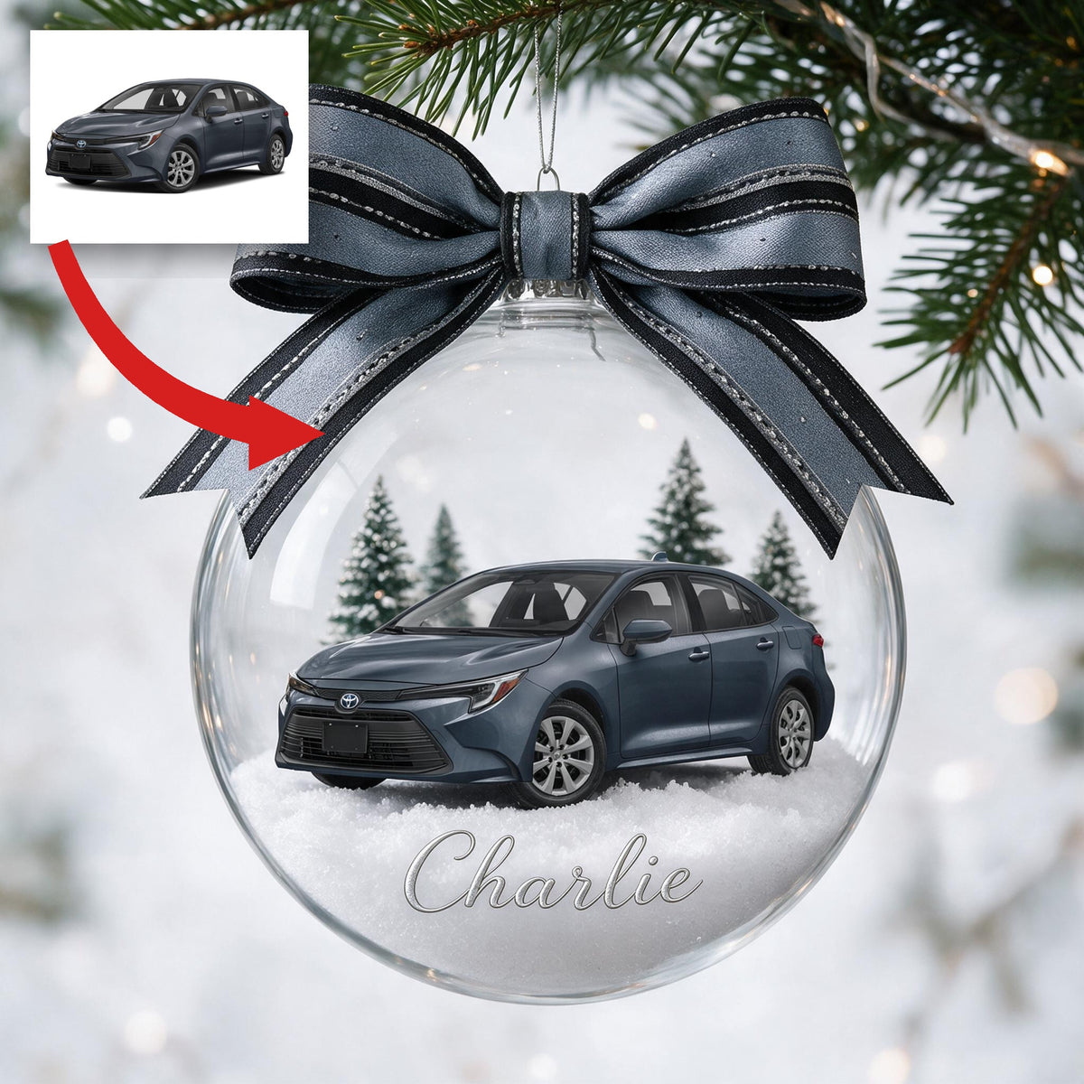 Personalisierte Weihnachts-Dunkelgraue Toyota Corolla Schneekugel Ornament Geschenk für Auto-Liebhaber