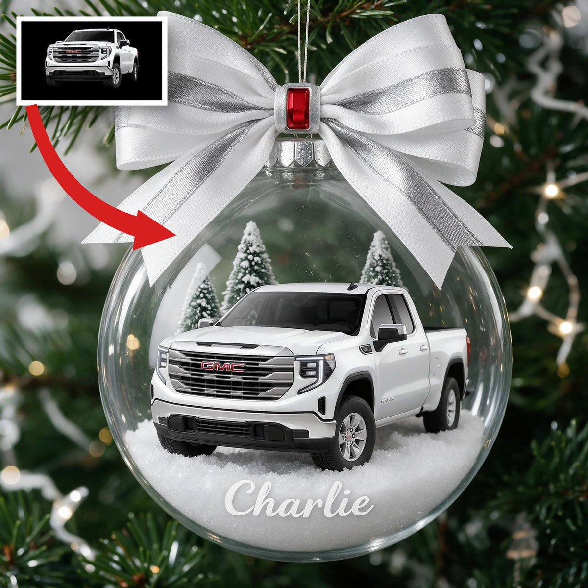 Personalisierter Weihnachts-GMC Pickup Truck Schneekugel Ornament, Geschenk für Truck-Liebhaber