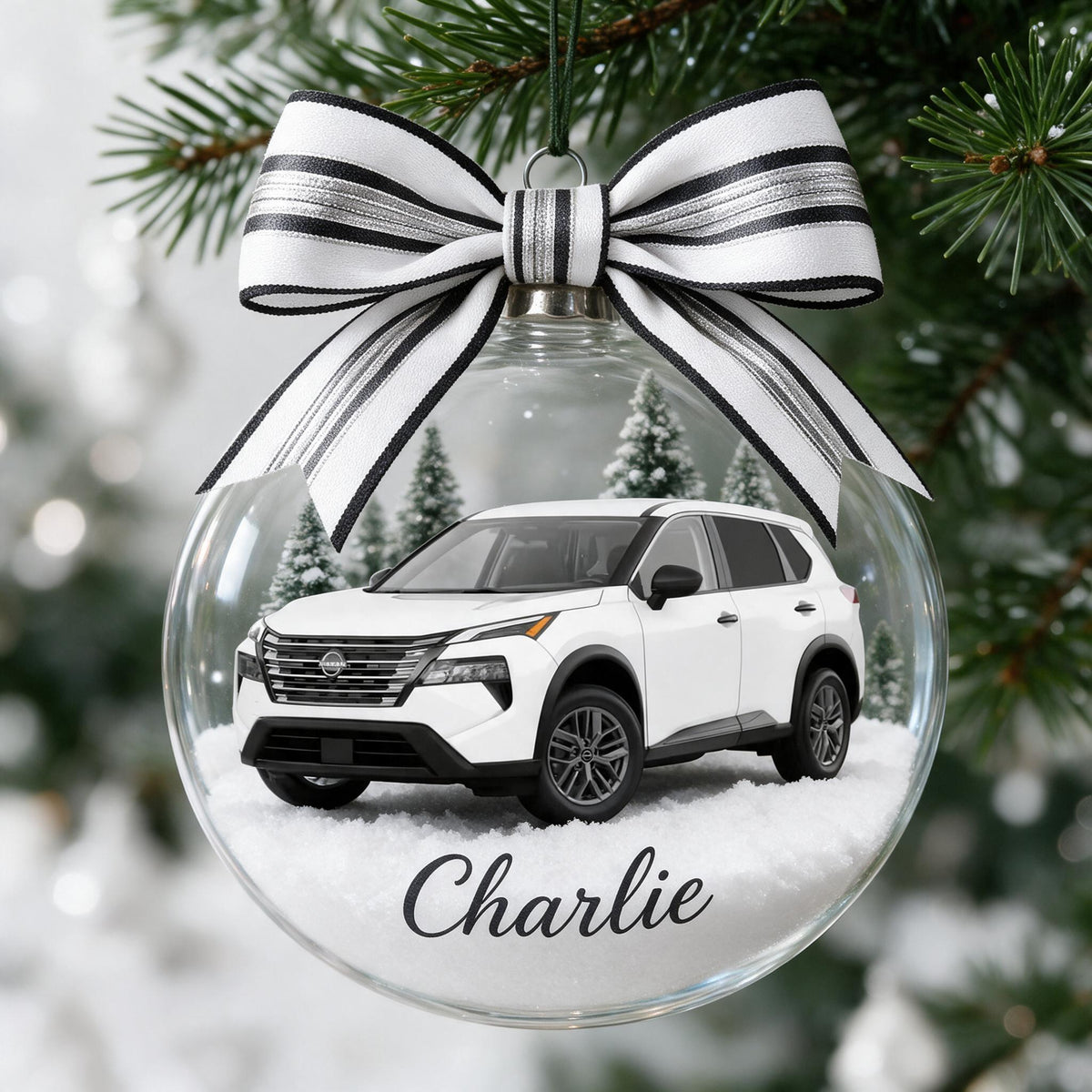 Personalisierte Weihnachts-Nissan Rogue Kompakt-SUV Schneekugel Ornament Geschenk für Auto-Liebhaber