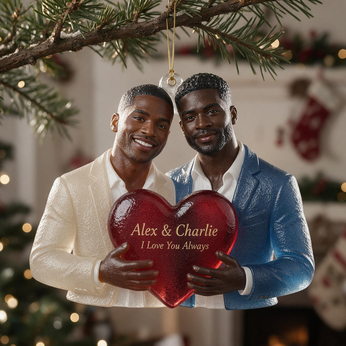 Personalized Black Gay Couple Christmas Glass Ornament Couple Gift