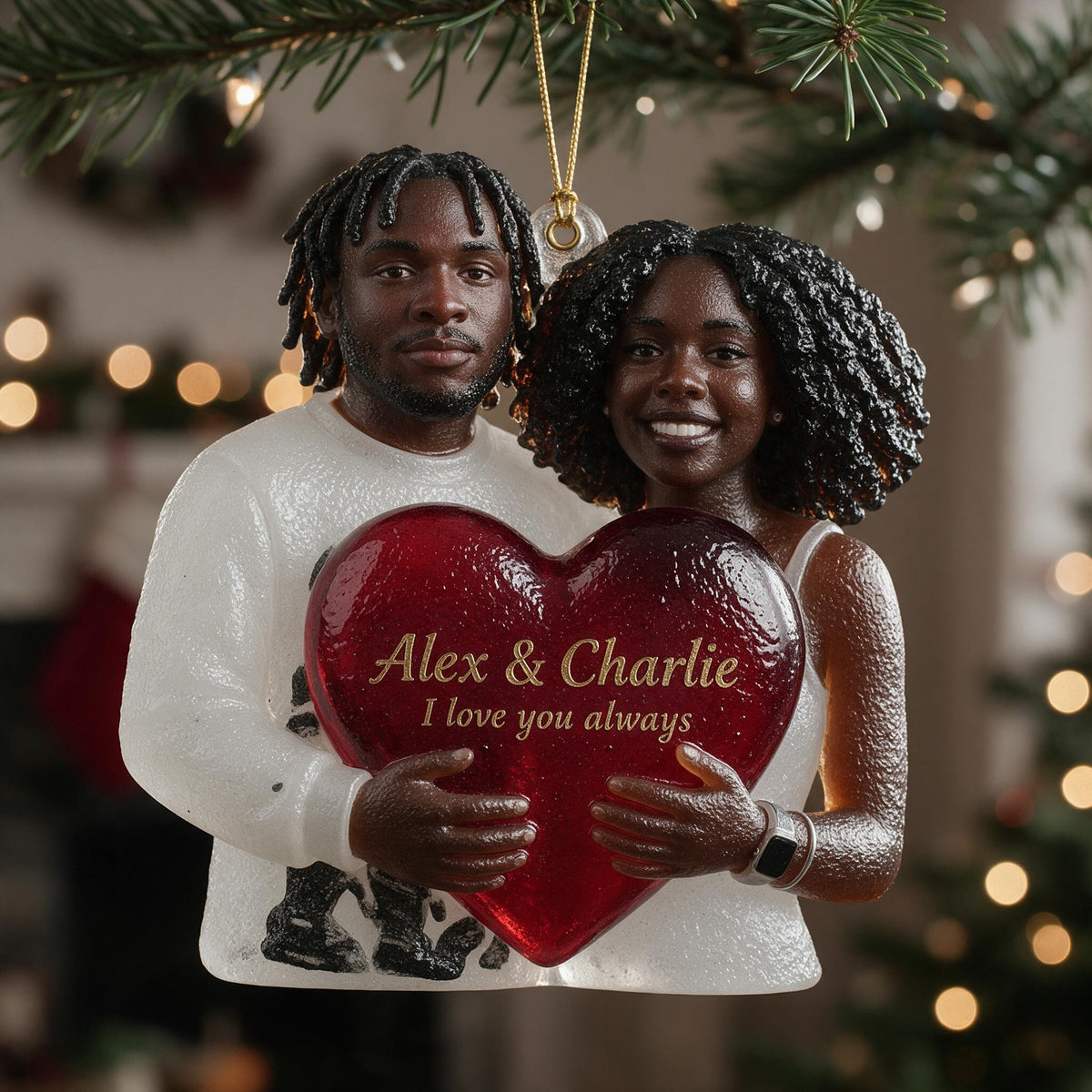 Personalized Black Couple Christmas Glass Ornament Romantic Keepsake Gift