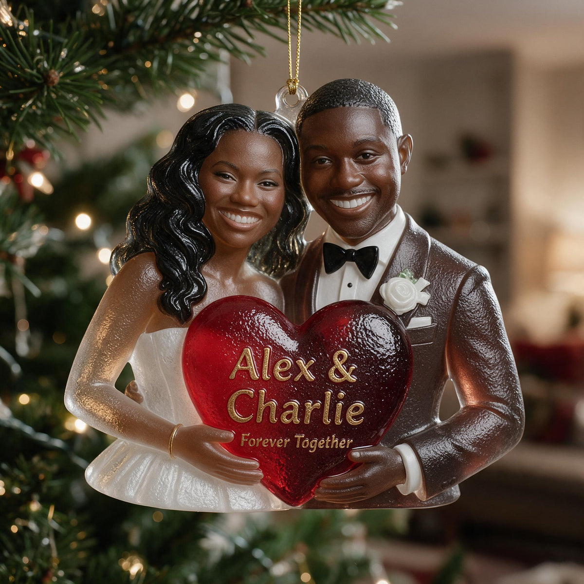 Ornement en Verre Personnalisé pour Mariage Couple Noir, Cadeau Souvenir