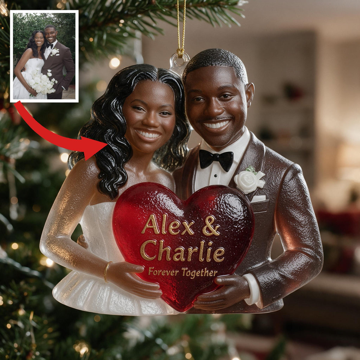 Ornement en Verre Personnalisé pour Mariage Couple Noir, Cadeau Souvenir