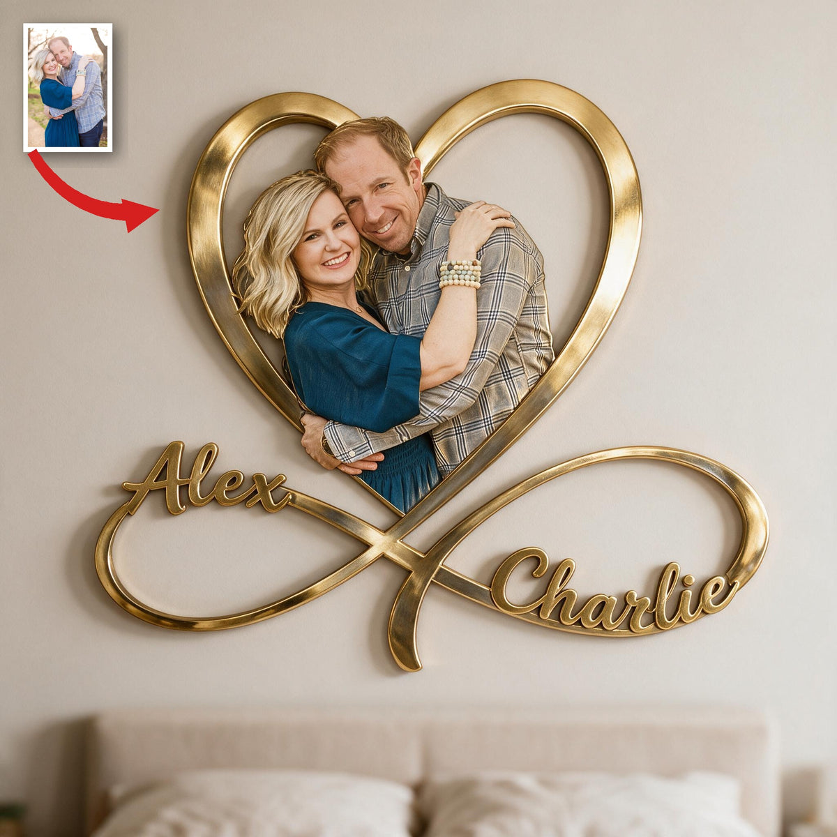 Personalisierte Foto-Metallschild für Paare – Unendliches Herz für das Schlafzimmer