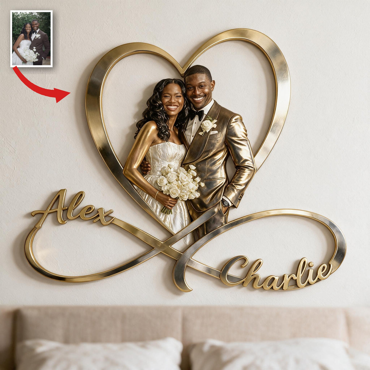 Panneau Métallique Personnalisé Photo de Mariage Couple Noir Coeur Infini Décor de Chambre