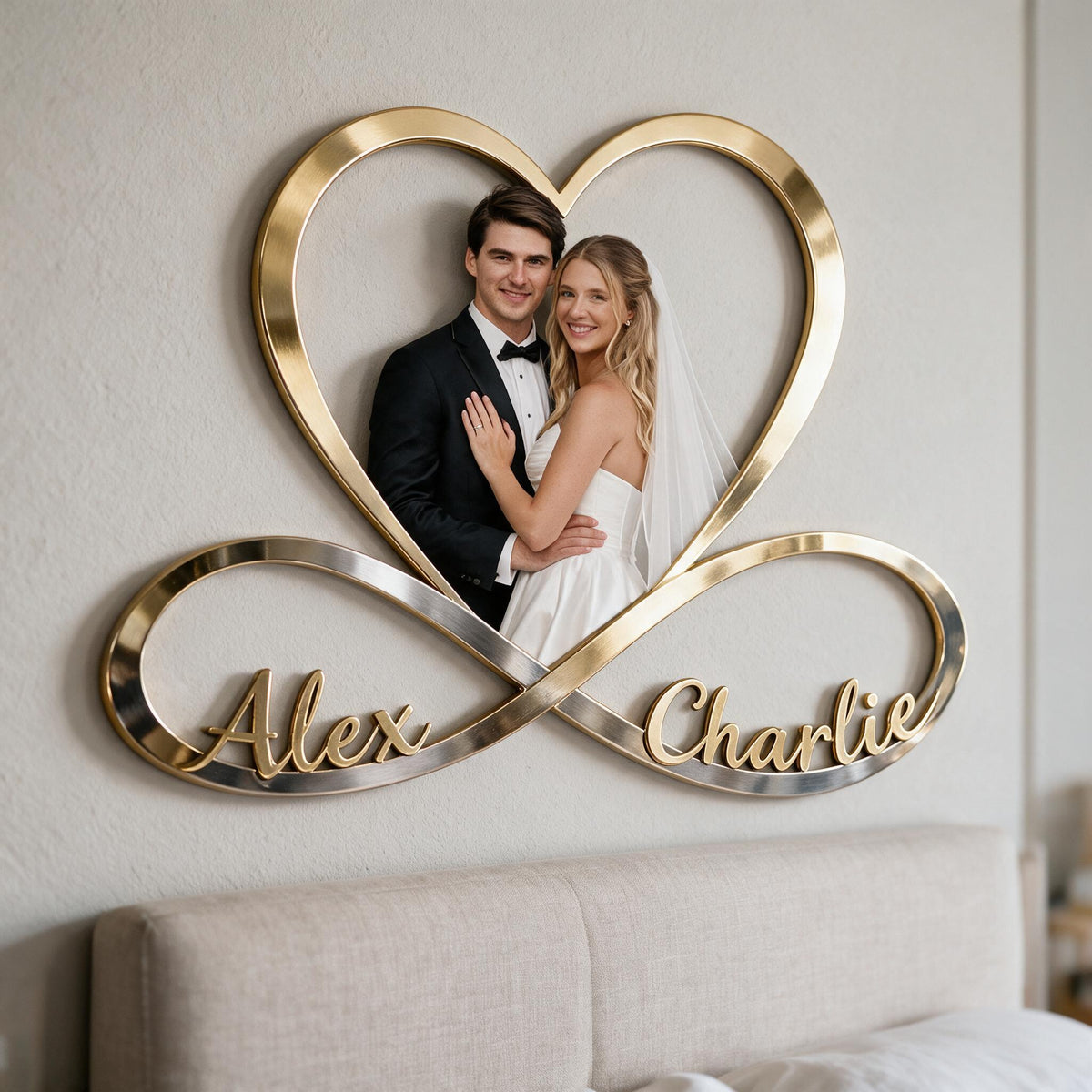 Personalisierte Foto-Hochzeits-Paar Infinity Herz Metall-Schild Schlafzimmer Dekor