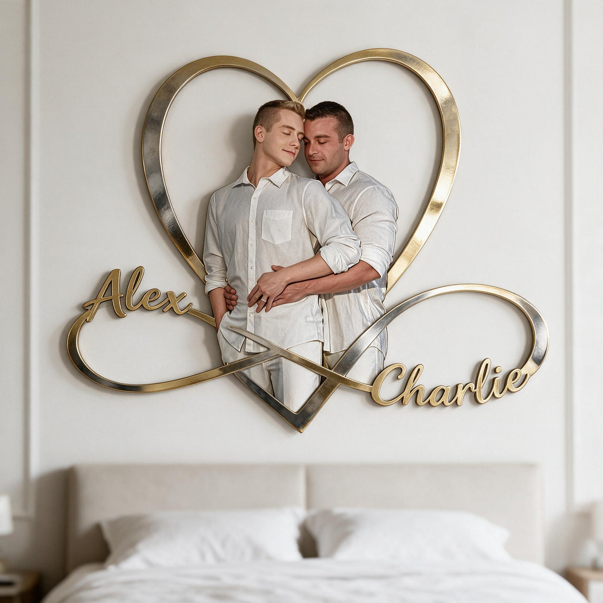 Panneau Métallique Personnalisé Photo Couple Gay Coeur Infini Décor Chambre