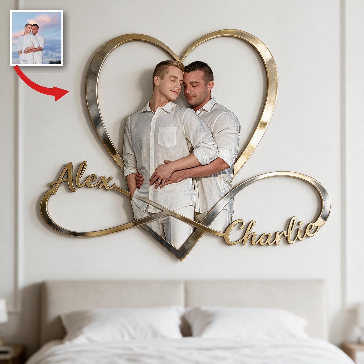 Panneau Métallique Personnalisé Photo Couple Gay Coeur Infini Décor Chambre