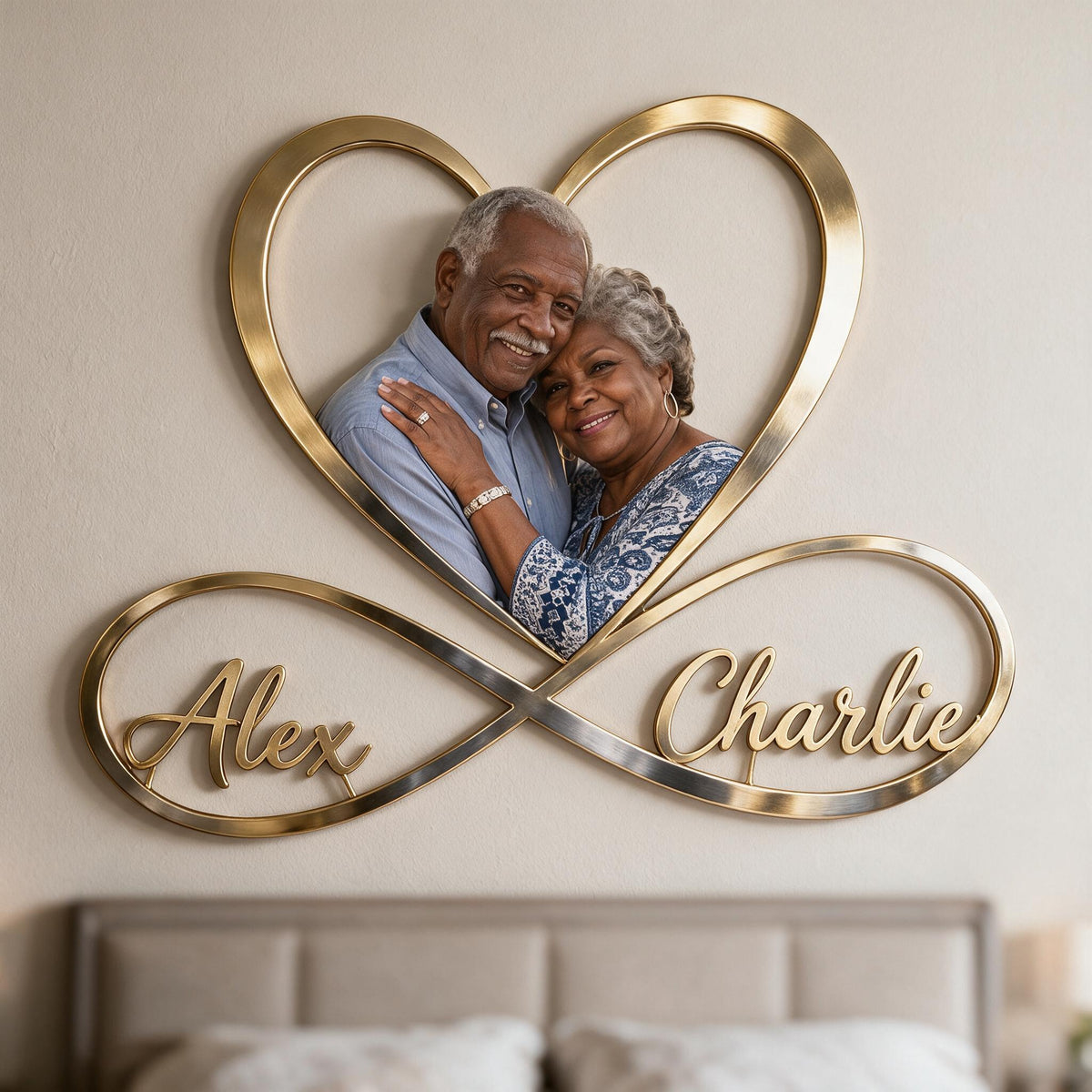 Panneau Métallique Infini Cœur Personnalisé Photo Couple Noir Âgé Décoration Murale
