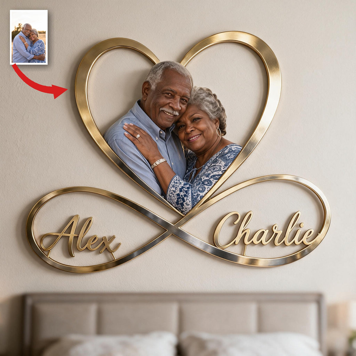 Panneau Métallique Infini Cœur Personnalisé Photo Couple Noir Âgé Décoration Murale