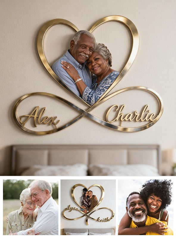 Panneau Métallique Infini Cœur Personnalisé Photo Couple Noir Âgé Décoration Murale
