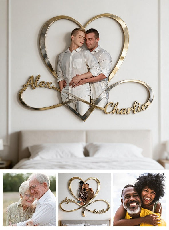 Panneau Métallique Personnalisé Photo Couple Gay Coeur Infini Décor Chambre