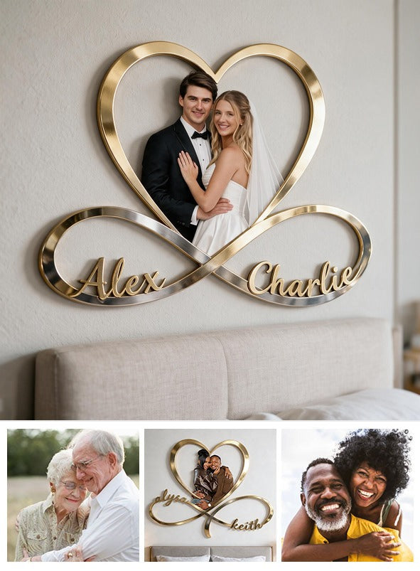 Personalisierte Foto-Hochzeits-Paar Infinity Herz Metall-Schild Schlafzimmer Dekor
