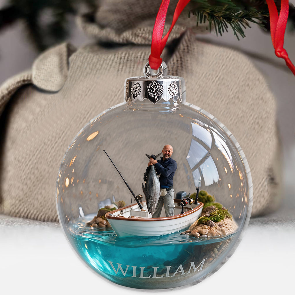 Personalized Custom Photo Christmas Father and Child with Fish Fishing Ornament