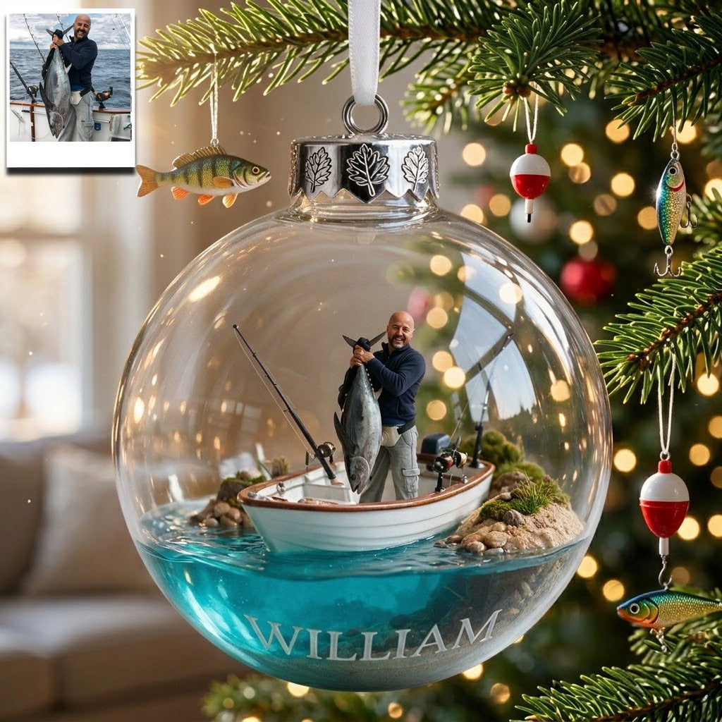 Personalized Christmas Middle-Aged Latino Fisherman Fishing Ornament