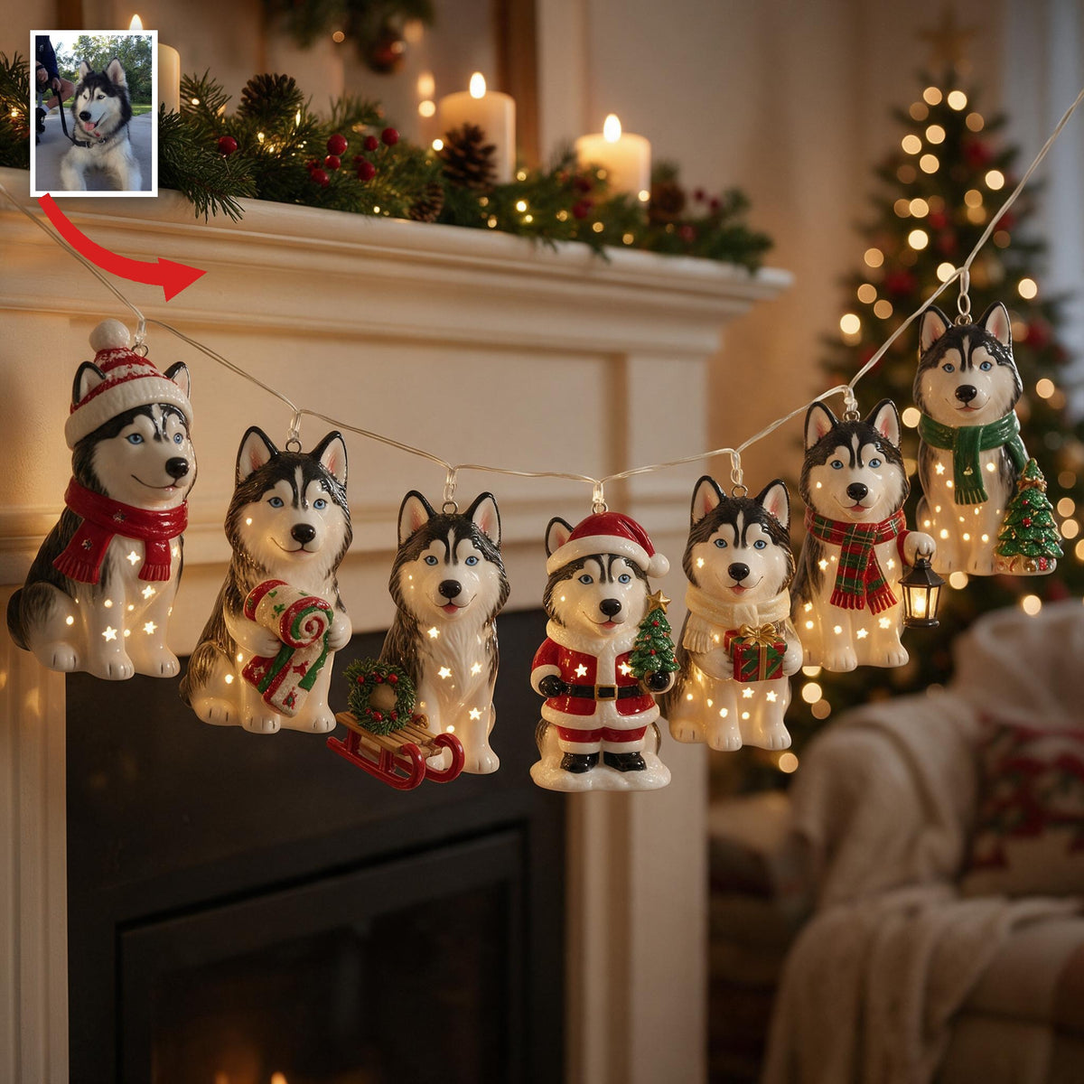 Personalized Custom Photo Christmas Siberian Husky String Lights Holiday Decor