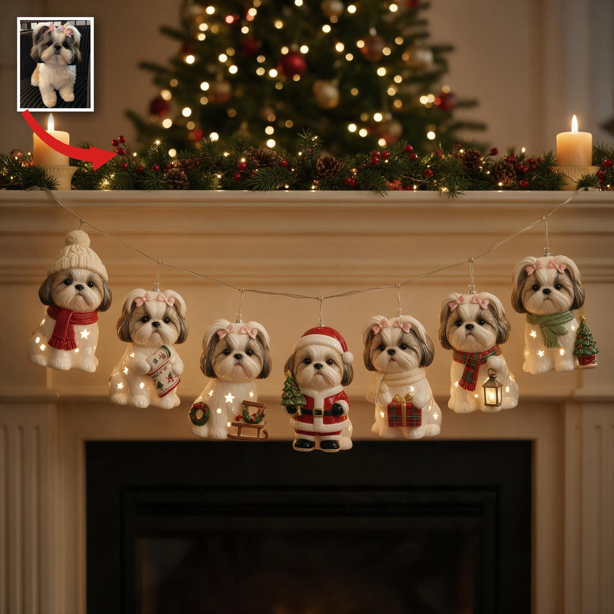 Personalized Custom Photo Christmas Fluffy Shih Tzu String Lights Holiday Decor