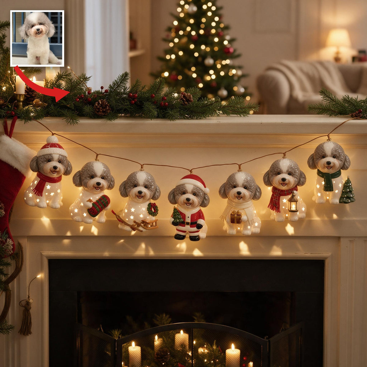 Personalized Custom Photo Christmas Poodle String Lights Festive Home Decor
