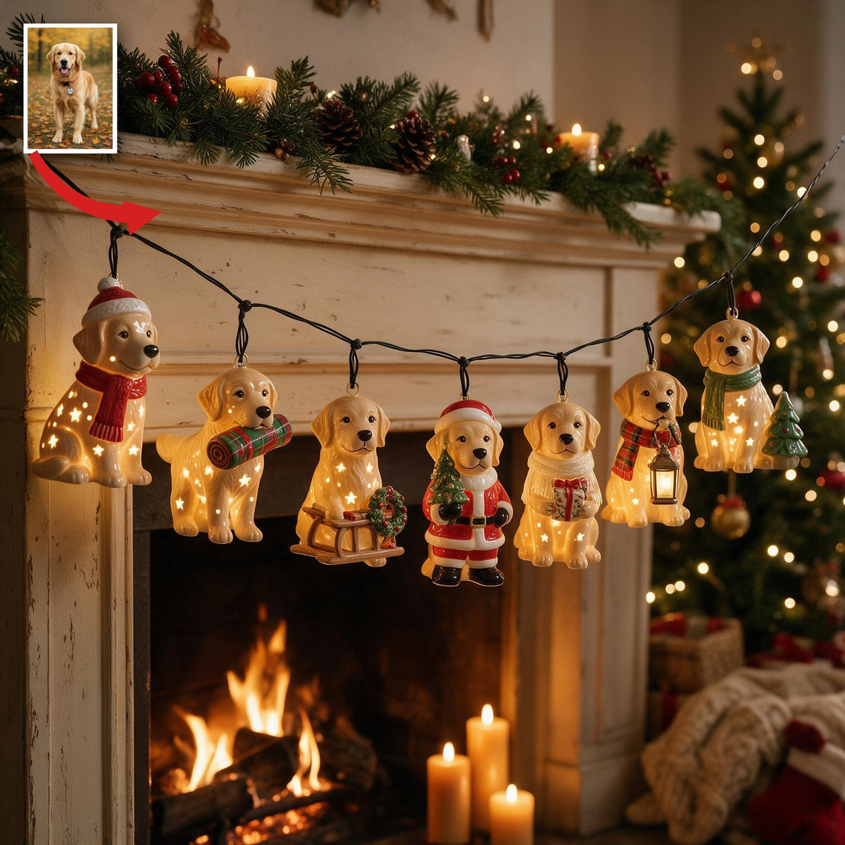 Personalized Custom Photo Christmas Golden Retriever String Lights Holiday Home Decor