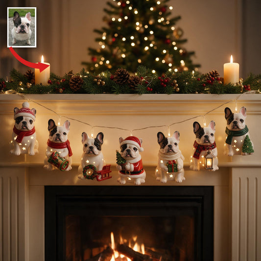 Personalized Custom Photo Christmas Black & White French Bulldog String Lights Holiday Decor