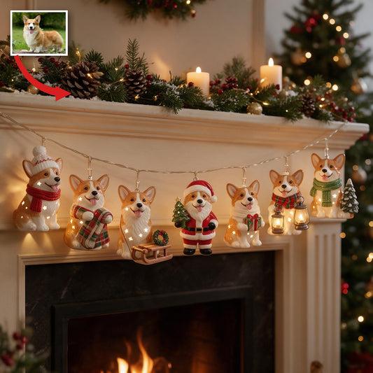 Personalized Custom Photo Christmas Tan and White Pembroke Welsh Corgi String Lights