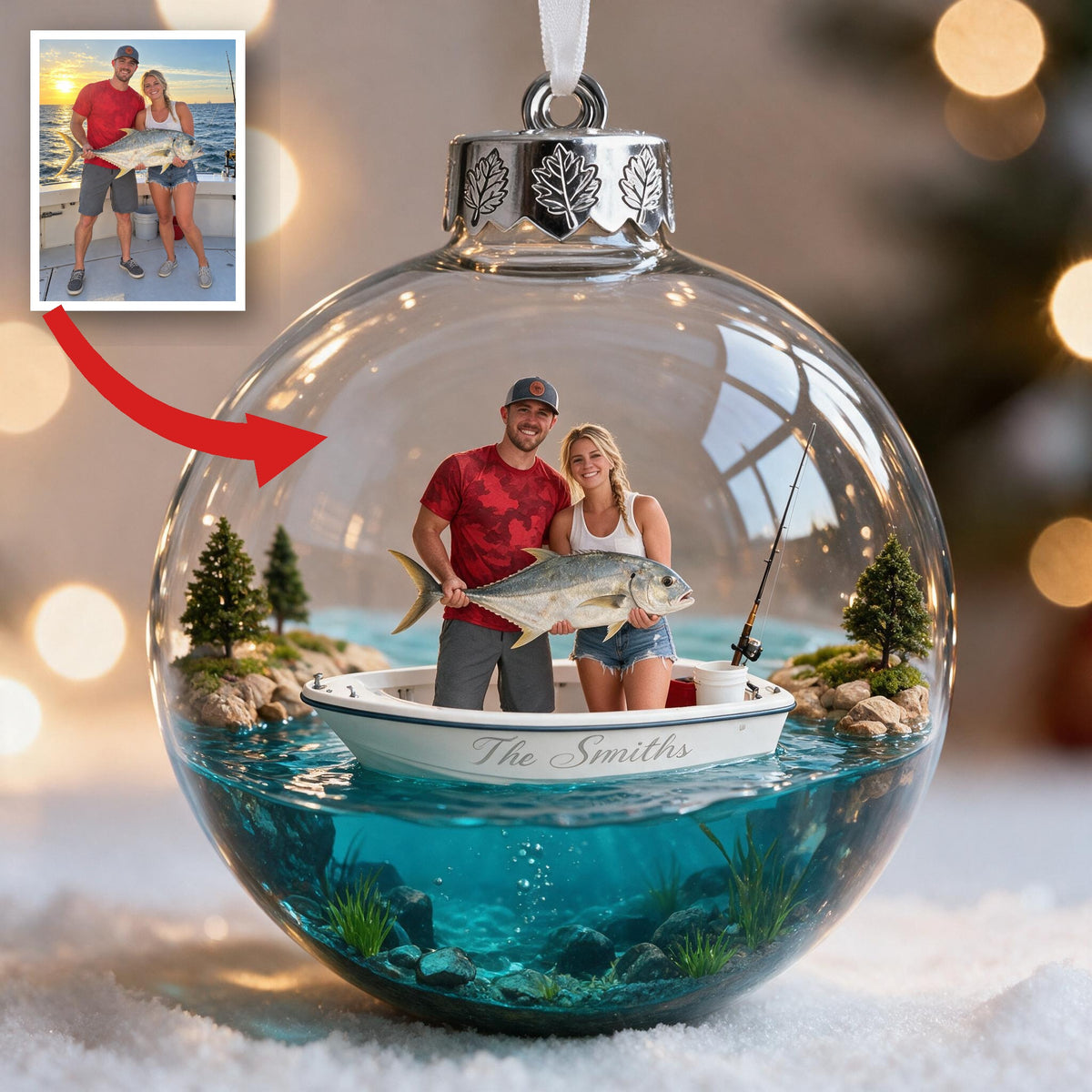 Personalized Custom Photo Christmas Fishing Couple Ornament Holiday Gift