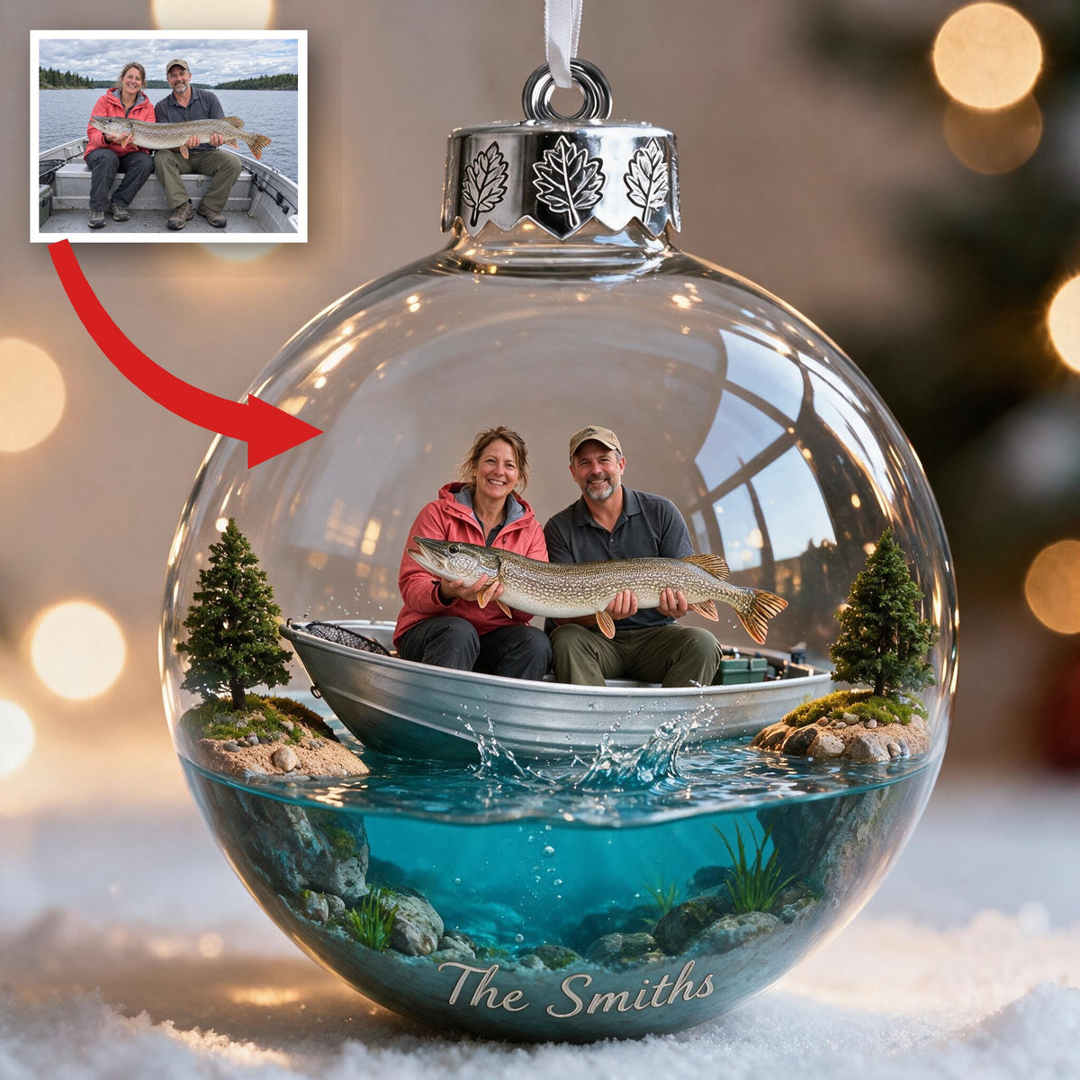 Personalized Custom Photo Christmas Middle-Aged Fishing Couple Ornament