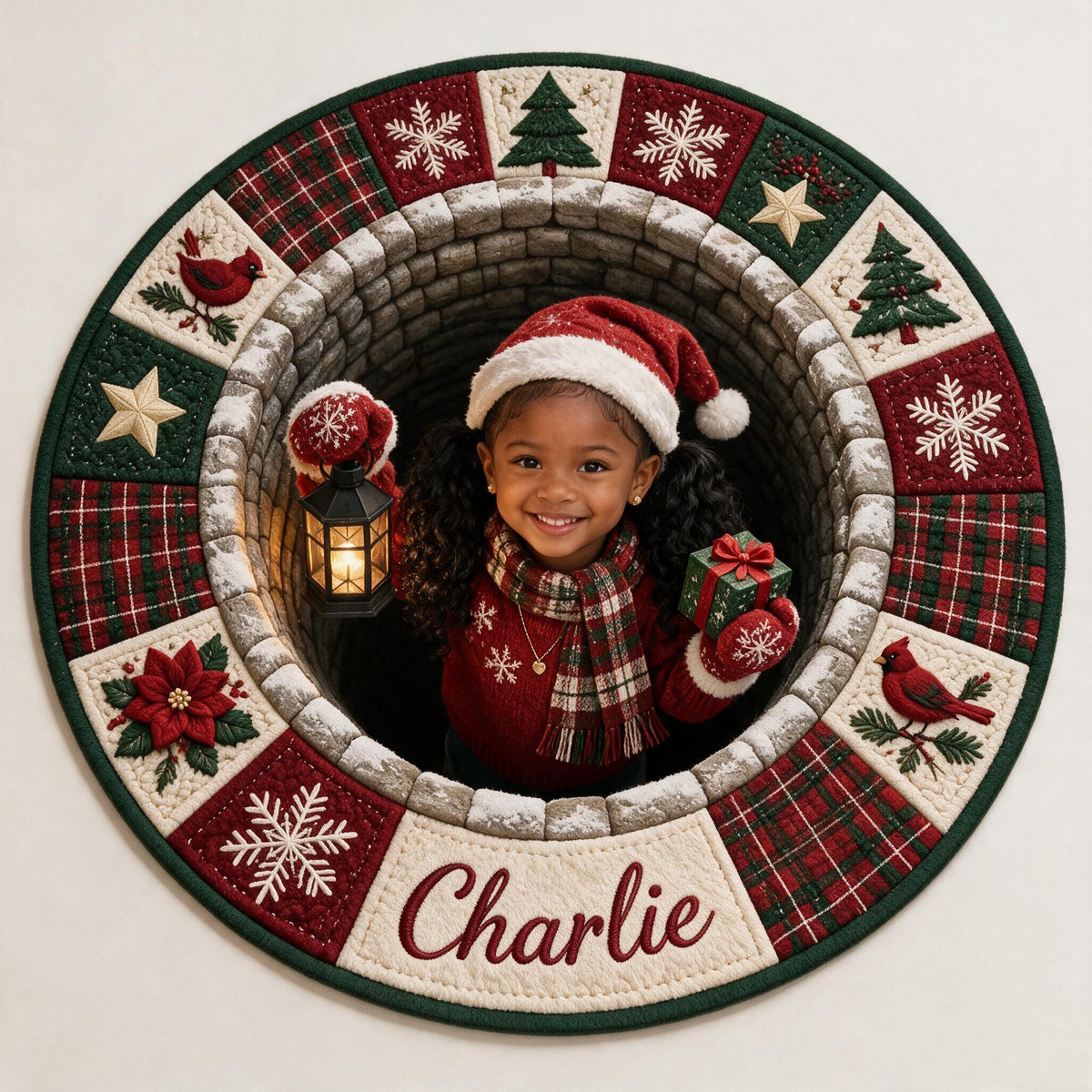 Personalized Christmas Black Little Girl Non-Slip Tufted Rug, Kids Holiday Home Decor Gift
