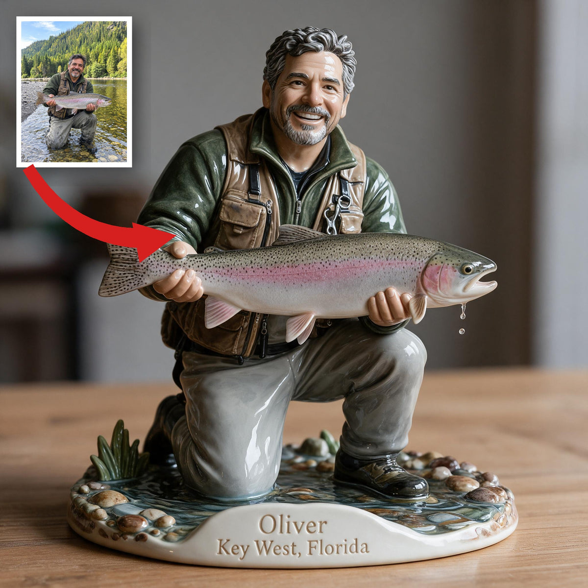 Personalized Custom Photo Middle-Aged Latino Fisherman 3D Resin Plaque Fishing Gift