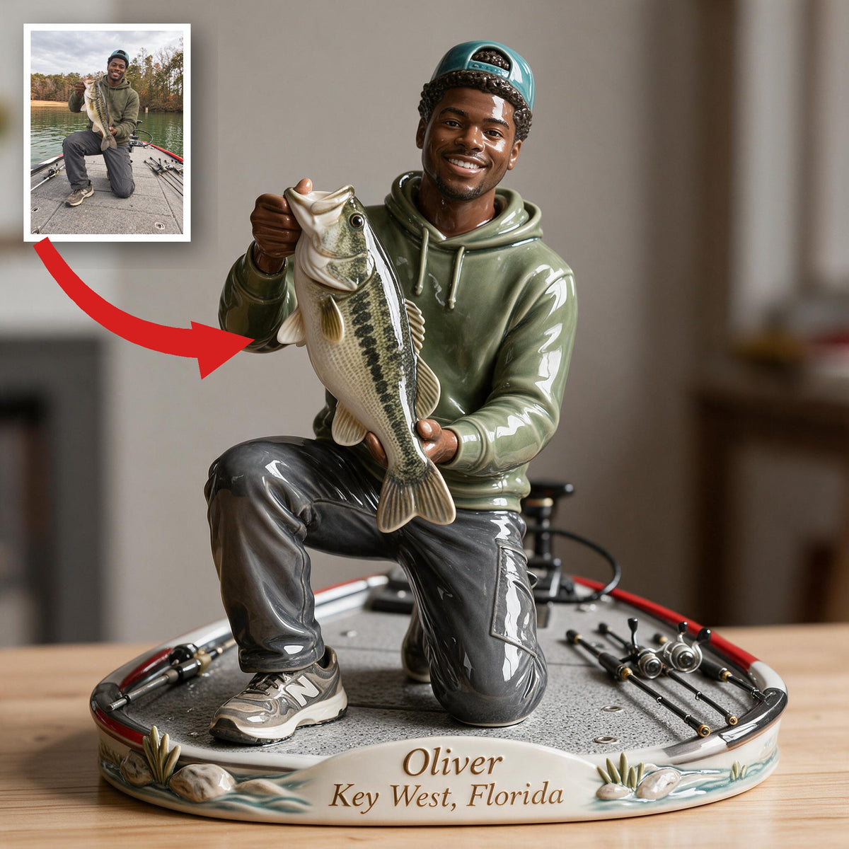 Personalized Custom Photo Black Fisherman 3D Resin Plaque Fishing Home Decor