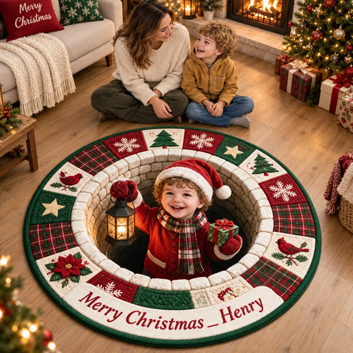 Personalized Christmas Little Girl Non-Slip Tufted Rug, Custom Holiday Gift