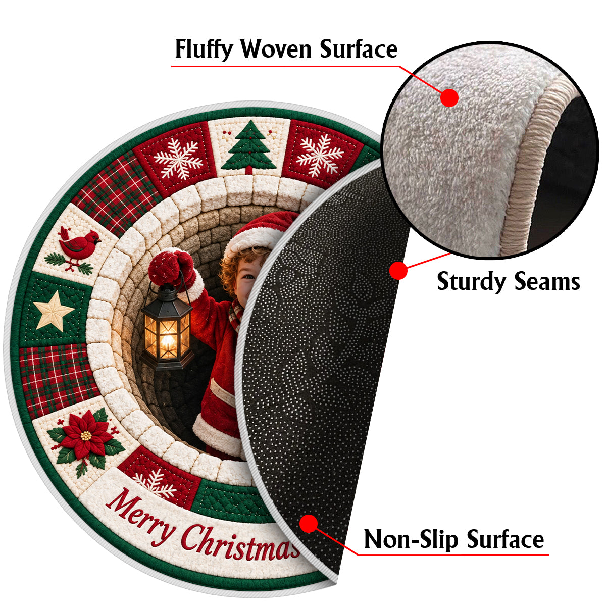 Personalized Christmas Black Little Girl Non-Slip Tufted Rug, Kids Holiday Home Decor Gift