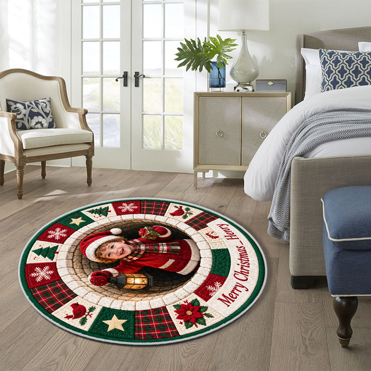 Personalized Christmas Black Little Boy Non-Slip Tufted Rug, Holiday Home Decor