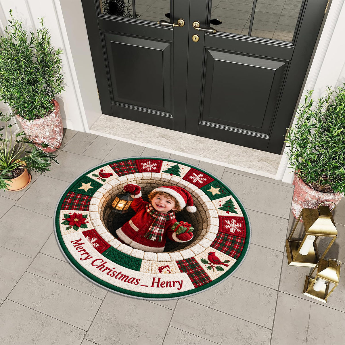 Personalized Christmas Black Little Boy Non-Slip Tufted Rug, Holiday Home Decor