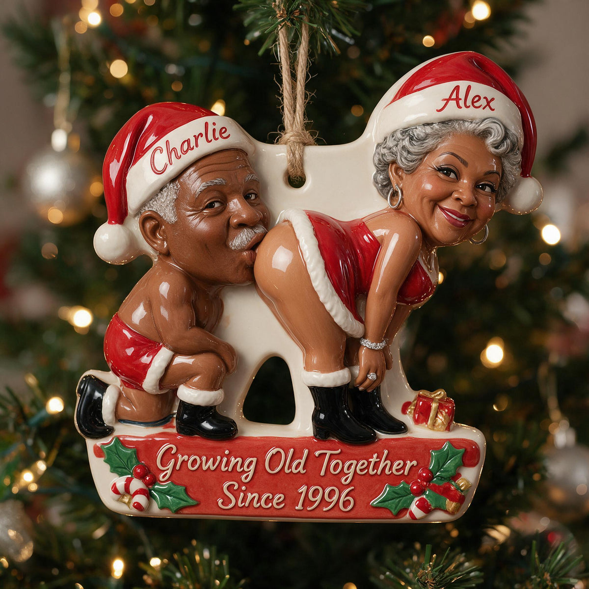 Personalized Custom Photo Christmas Older Black Couple Funny 3D Resin Ornament