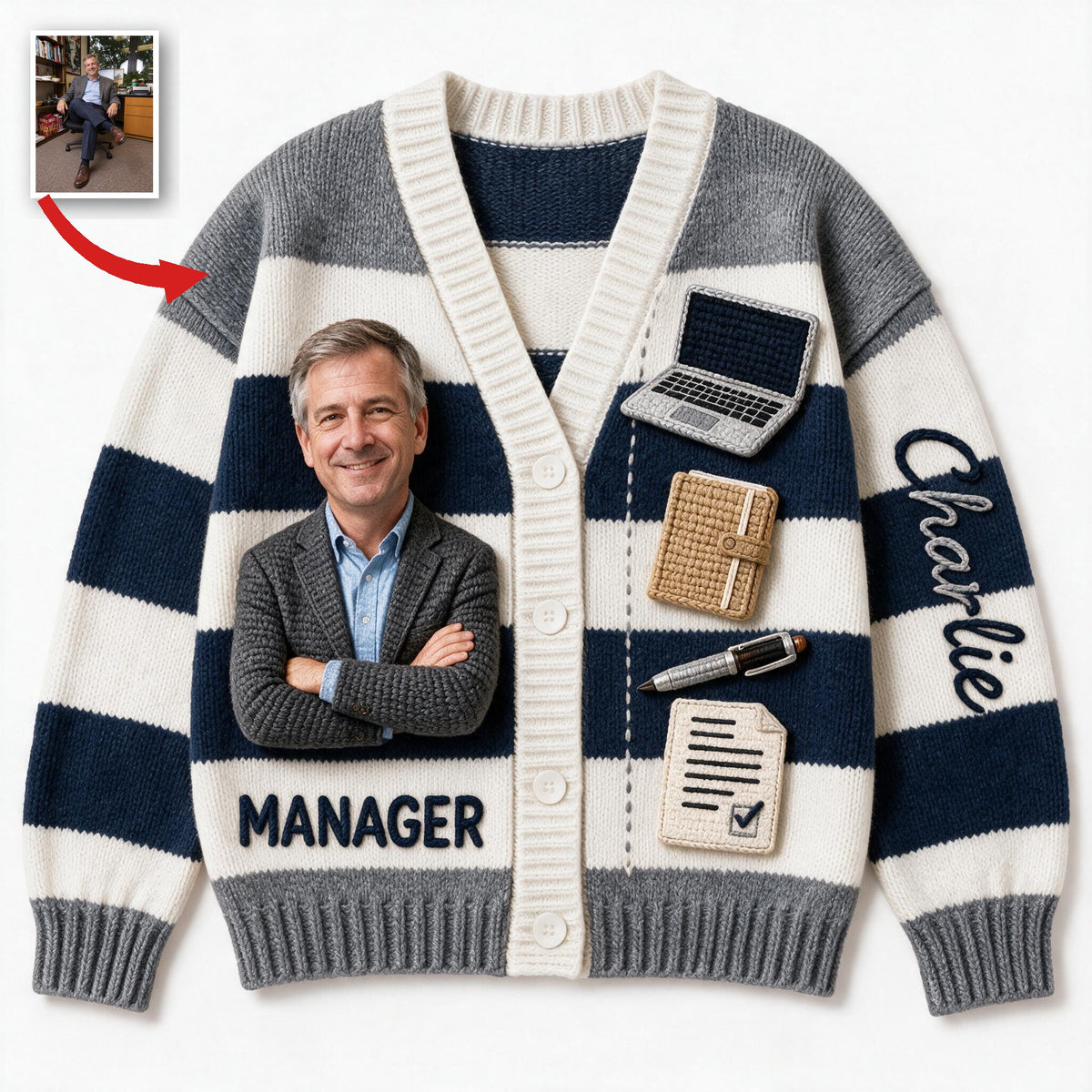 Personalized Older Male Office Cardigan Sweater Work Gift