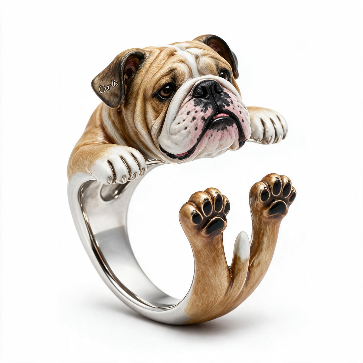 Personalized Fawn and White Adult Bulldog Adjustable Ring Dog Lover Gift