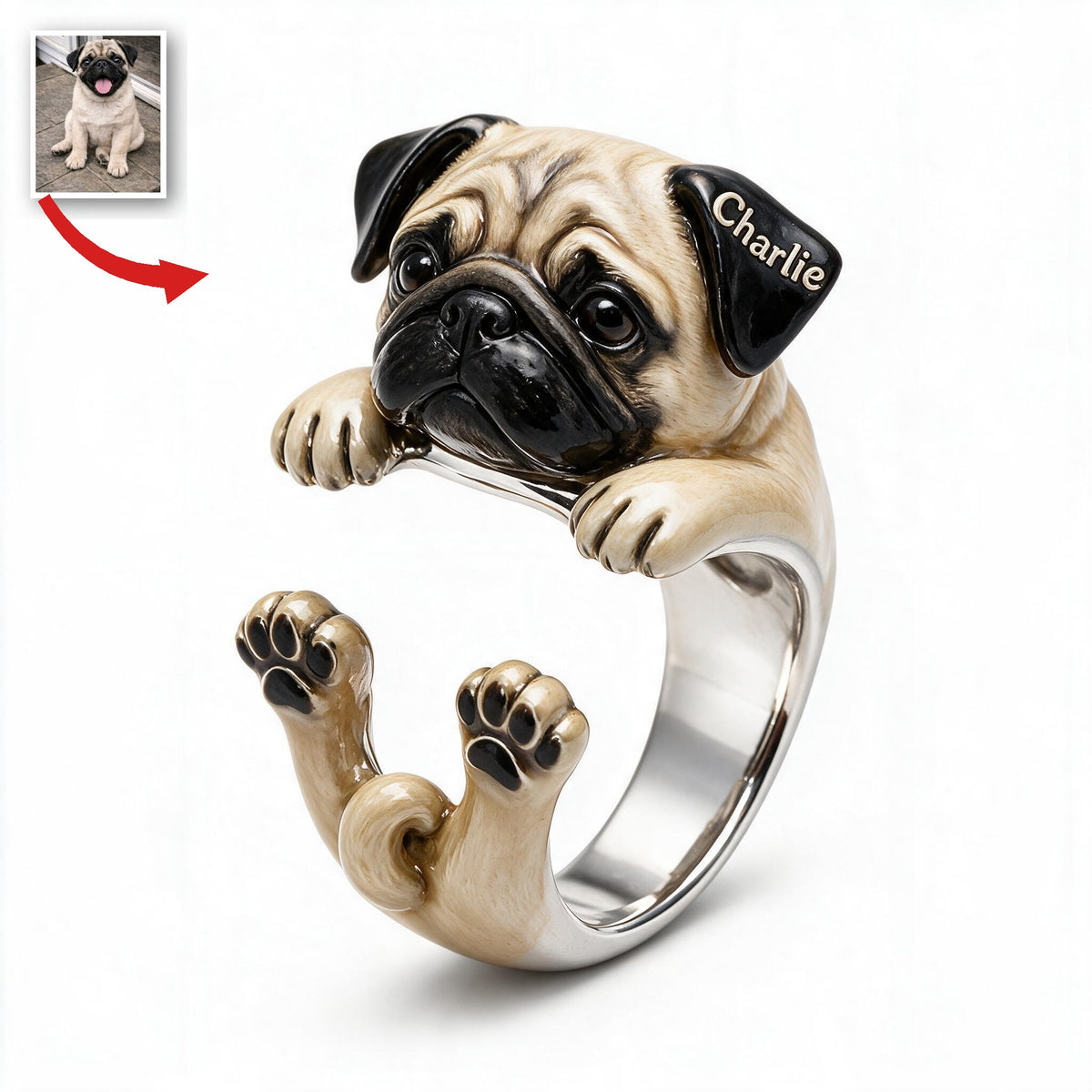 Personalized Fawn Pug Adjustable Ring Dog Lover Gift
