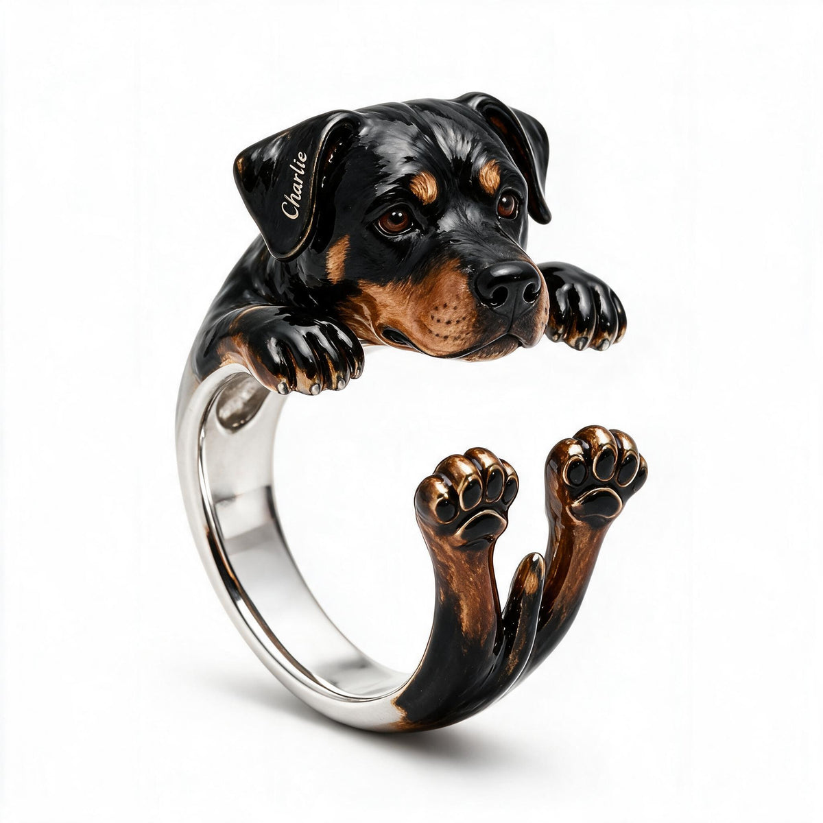 Personalized Black and Tan Rottweiler Adjustable Ring Dog Lover Gift