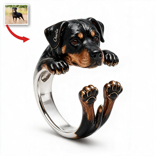 Bague Ajustable Rottweiler Noir et Feu Personnalisée Cadeau Amoureux des Chiens
