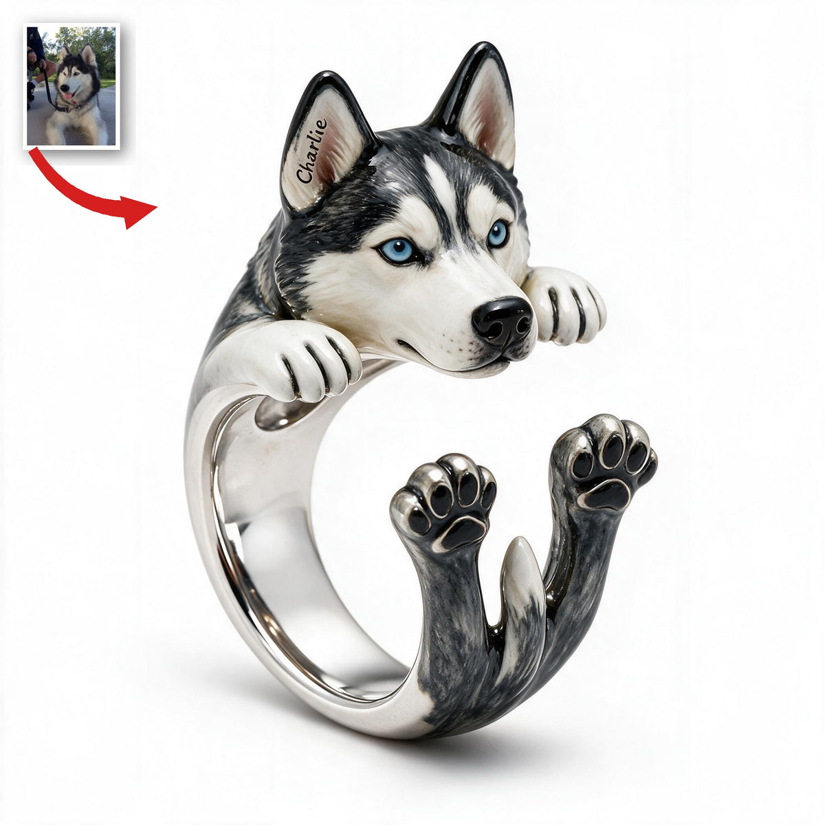 Personalized Blue Eyed Siberian Husky Adjustable Ring Dog Lover Gift