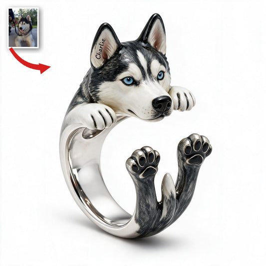 Bague Ajustable Personnalisée Husky Sibérien aux Yeux Bleus - Cadeau Amoureux des Chiens